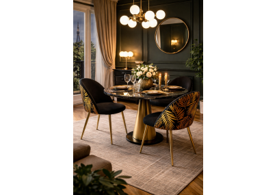 Sedia design in velluto nero con motivo foglie tropicali e gambe in metallo dorato – Stile esotico chic