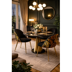 Cadeira de design em veludo preto com padrão de folhas tropicais e pernas em metal dourado – Estilo exótico chic