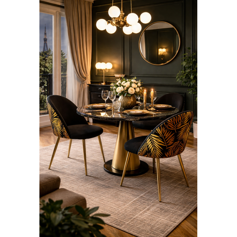 Sedia design in velluto nero con motivo foglie tropicali e gambe in metallo dorato – Stile esotico chic