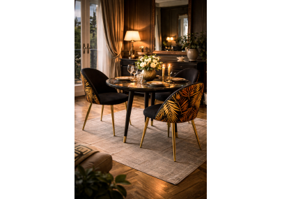 Sedia design in velluto nero con motivo foglie tropicali e gambe in metallo dorato – Stile esotico chic