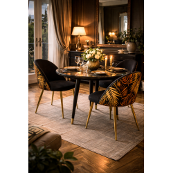 Silla de diseño en terciopelo negro con motivo de hojas tropicales y patas de metal dorado – Estilo exótico chic