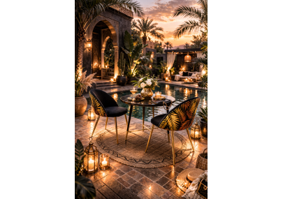 Chaise design en velours noir motif feuilles tropicales et pieds métal doré – Style exotique chic