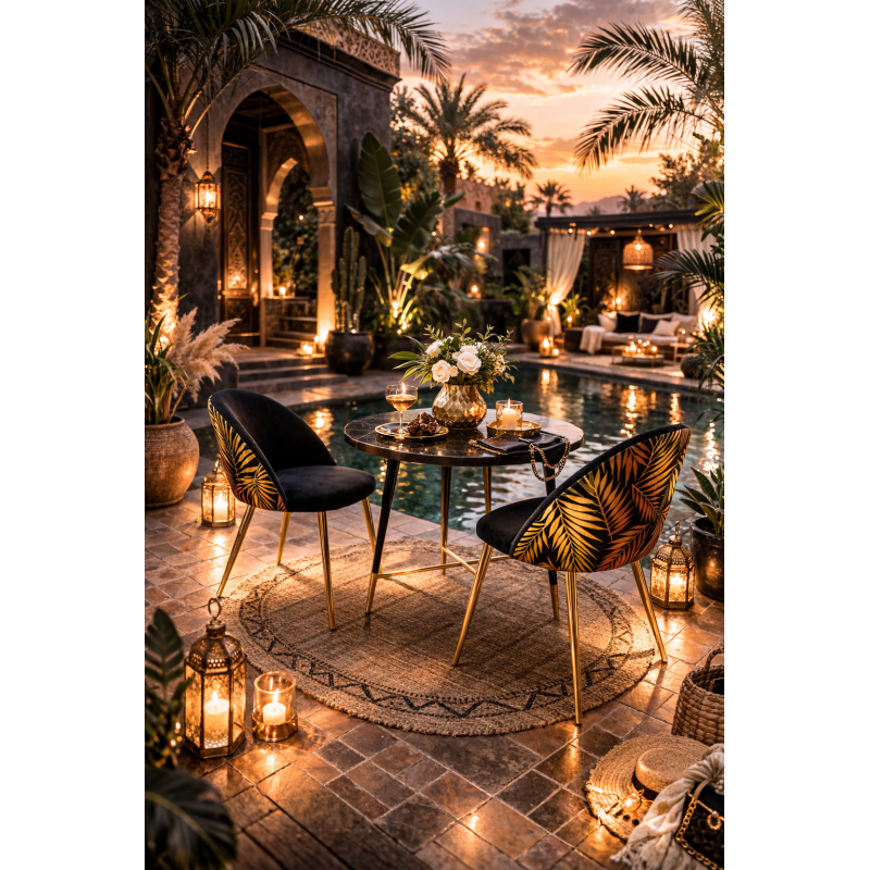 Cadeira de design em veludo preto com padrão de folhas tropicais e pernas em metal dourado – Estilo exótico chic