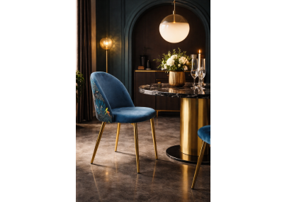 Silla de diseño en terciopelo azul pato con patas de metal dorado – Estilo exótico chic