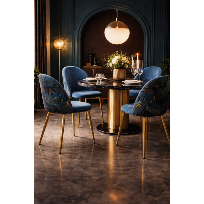 Silla de diseño en terciopelo azul pato con patas de metal dorado – Estilo exótico chic