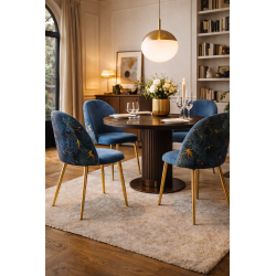 Silla de diseño en terciopelo azul pato con patas de metal dorado – Estilo exótico chic