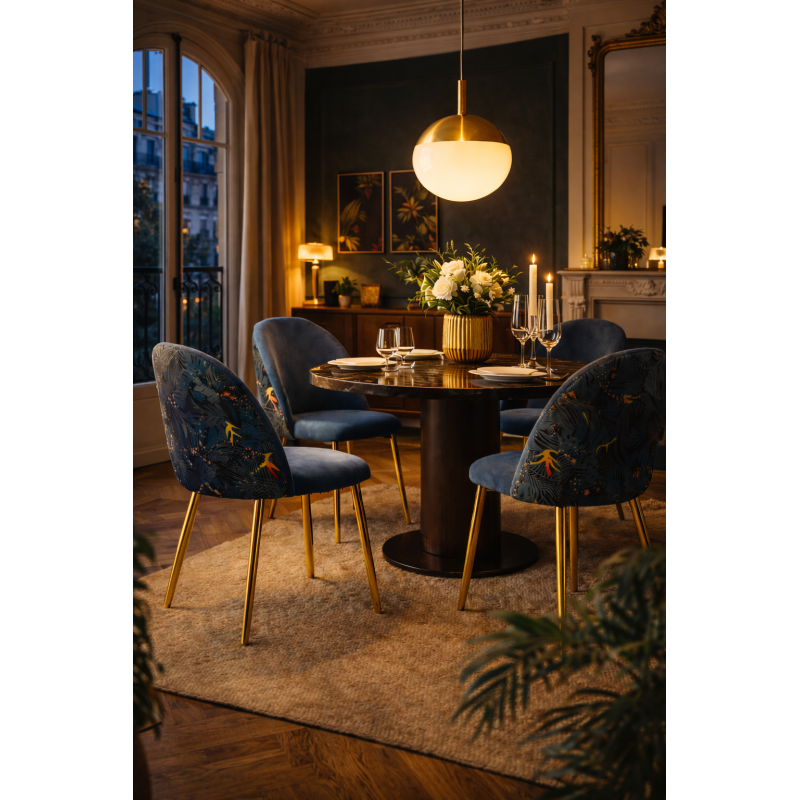 Chaise design en velours bleu canard et pieds métal doré – Style exotique chic