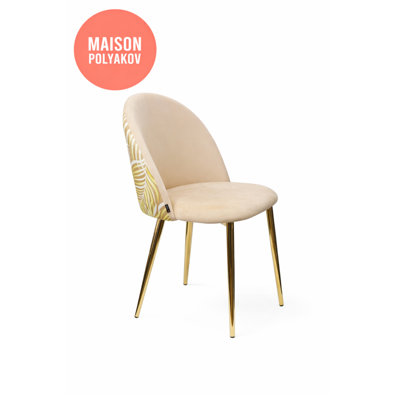 Sedia design in velluto beige champagne con motivo tropicale e gambe in metallo dorato – Eleganza solare