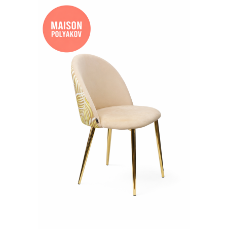 Chaise design en velours beige champagne motif tropical et pieds métal doré – Élégance solaire