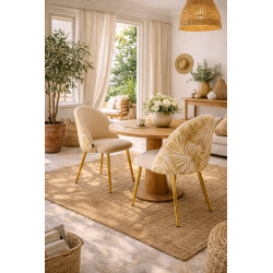 Silla de diseño en terciopelo beige champán con motivo tropical y patas de metal dorado – Elegancia solar
