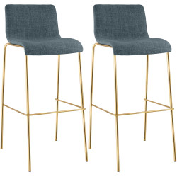 Lot de 2 tabourets de bar Hoover en tissu, 4 pieds, dorés bleu
