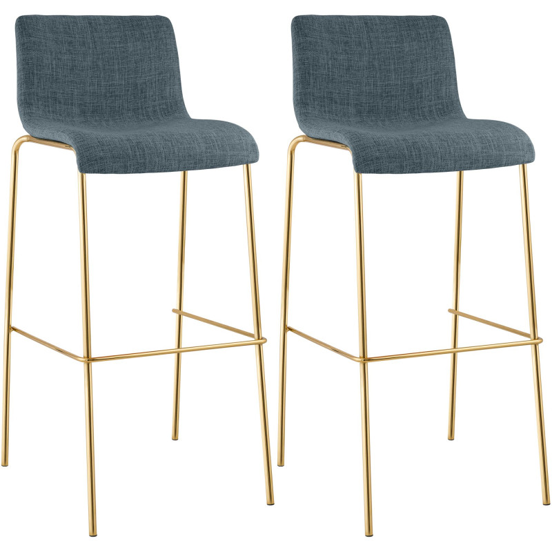 Lot de 2 tabourets de bar Hoover en tissu, 4 pieds, dorés bleu