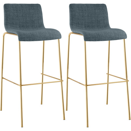 Lot de 2 tabourets de bar Hoover en tissu, 4 pieds, dorés bleu
