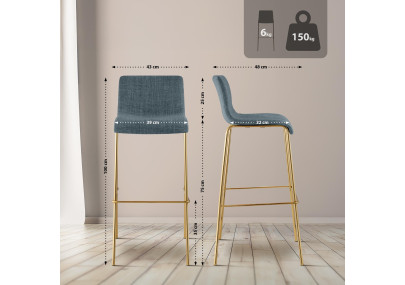 Lot de 2 tabourets de bar Hoover en tissu, 4 pieds, dorés bleu