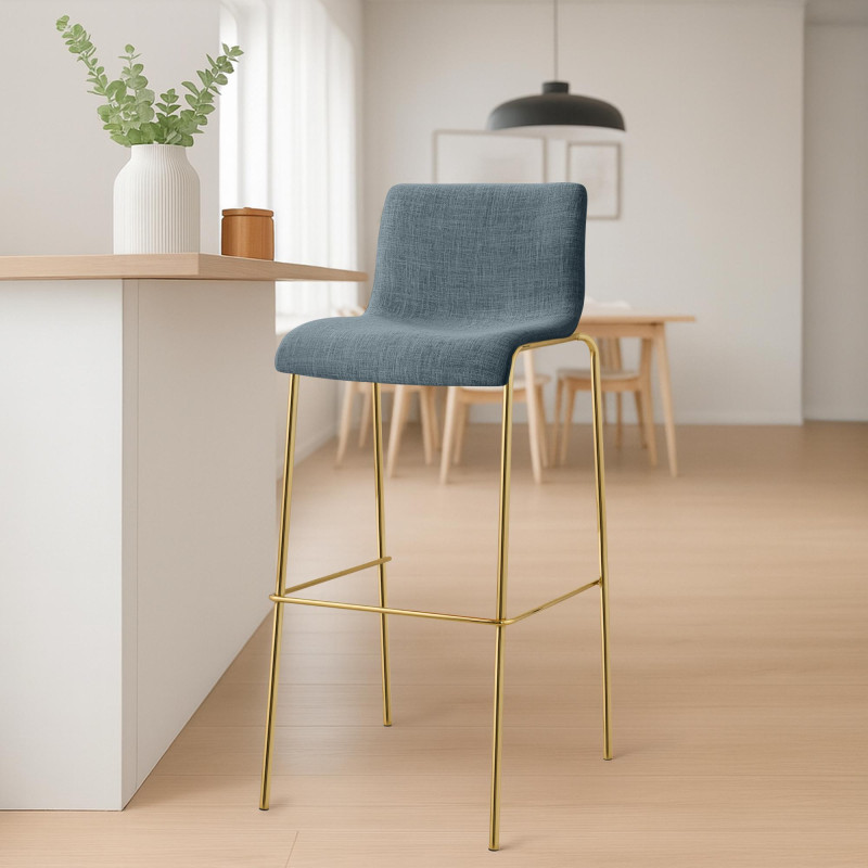 Lot de 2 tabourets de bar Hoover en tissu, 4 pieds, dorés bleu