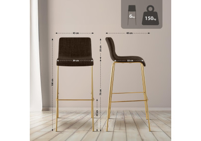 Lot de 2 tabourets de bar Hoover en tissu, 4 pieds, dorés brun