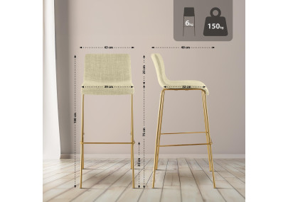 Lot de 2 tabourets de bar Hoover en tissu, 4 pieds, dorés crème