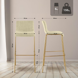 Lot de 2 tabourets de bar Hoover en tissu, 4 pieds, dorés crème