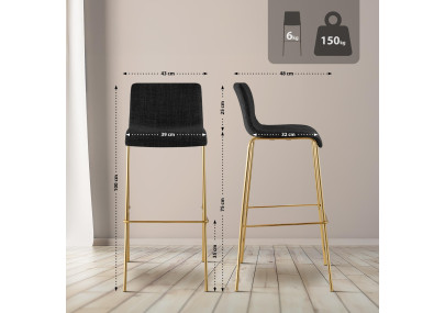 Lot de 2 tabourets de bar Hoover en tissu, 4 pieds, dorés gris foncé