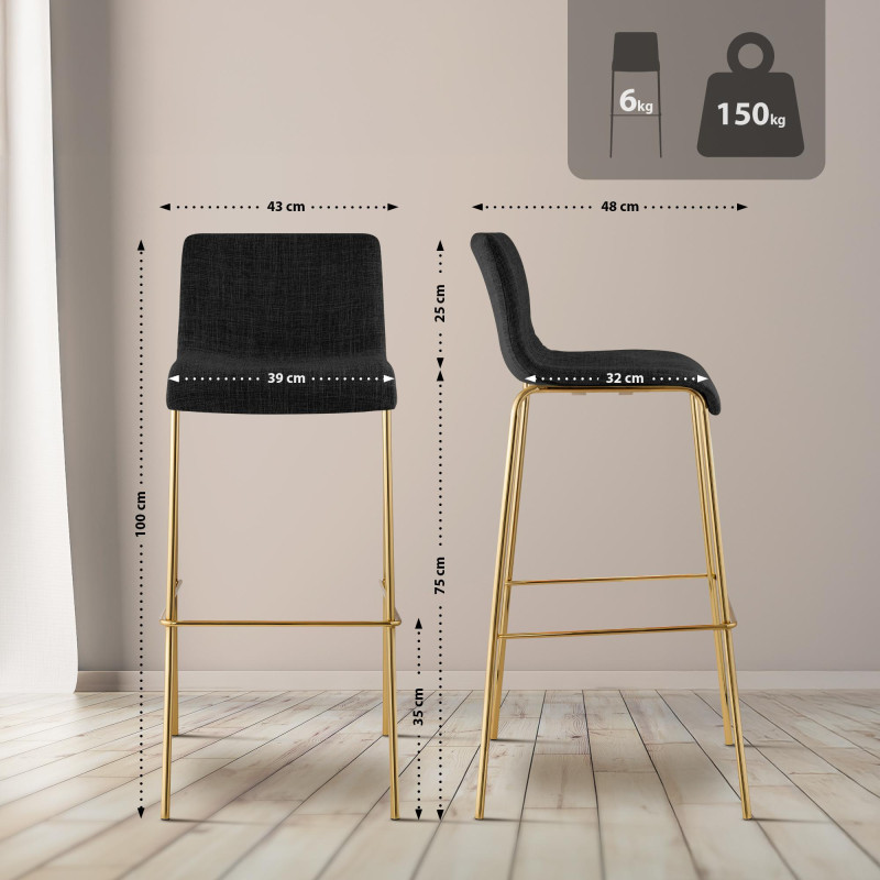 Lot de 2 tabourets de bar Hoover en tissu, 4 pieds, dorés gris foncé