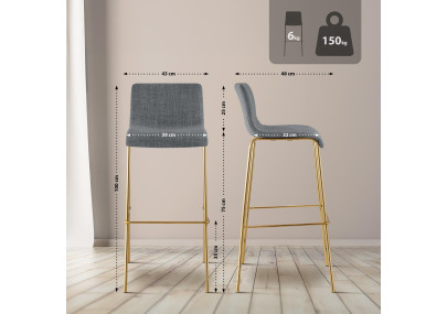 Lot de 2 tabourets de bar Hoover en tissu, 4 pieds, dorés gris clair