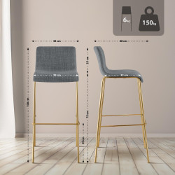 Lot de 2 tabourets de bar Hoover en tissu, 4 pieds, dorés gris clair