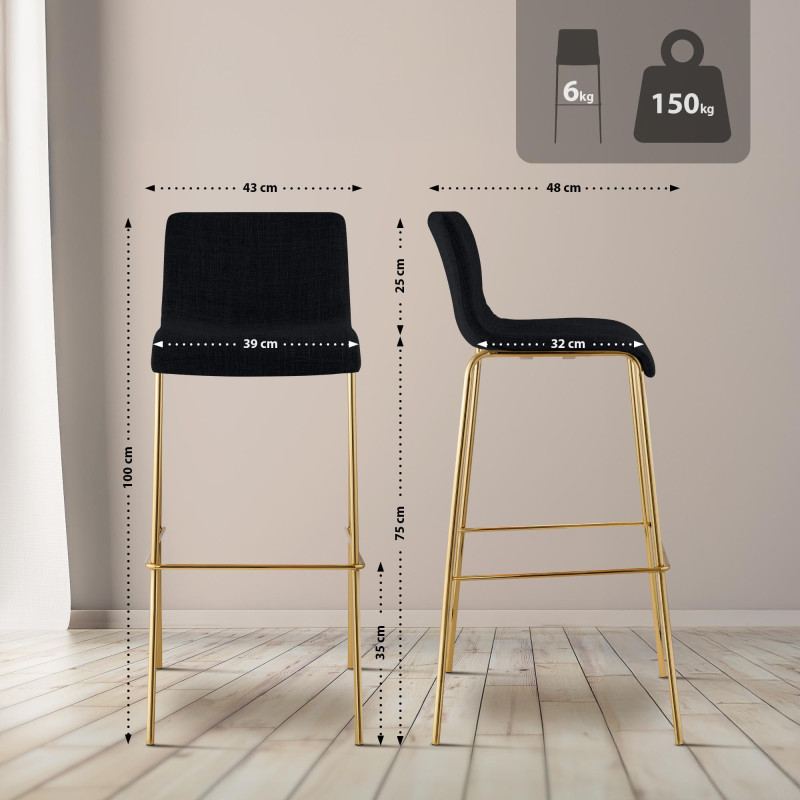 Lot de 2 tabourets de bar Hoover en tissu, 4 pieds, dorés noir