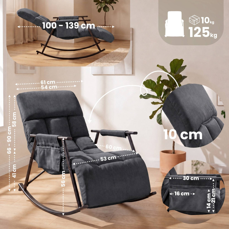 Fauteuil à bascule en velours Elara gris foncé