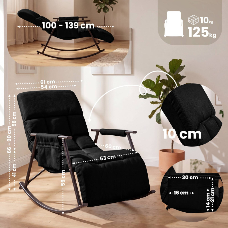 Fauteuil à bascule Elara, en tissu noir