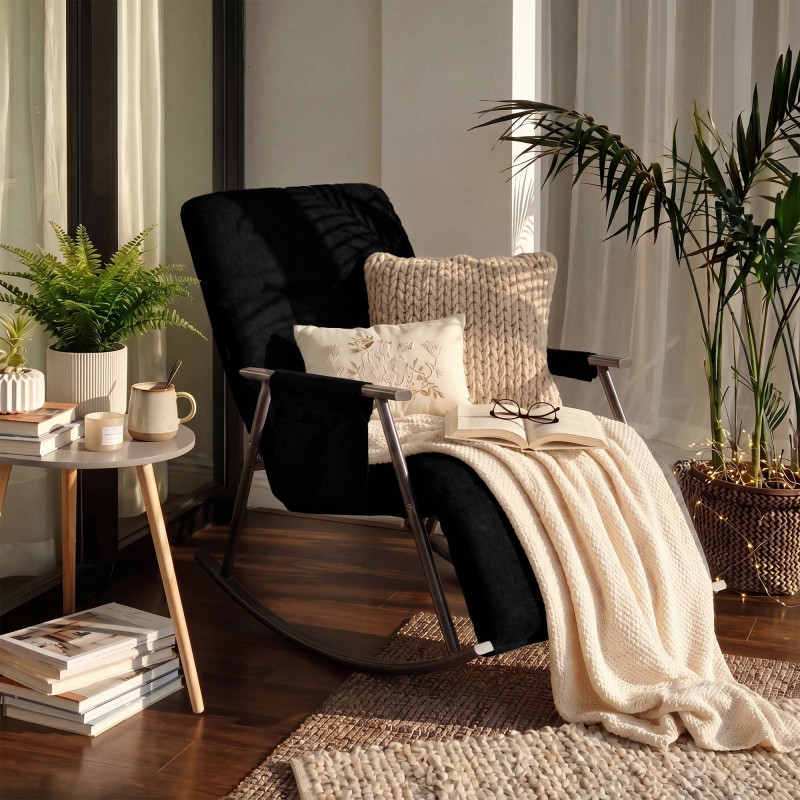 Fauteuil à bascule Elara, en tissu noir