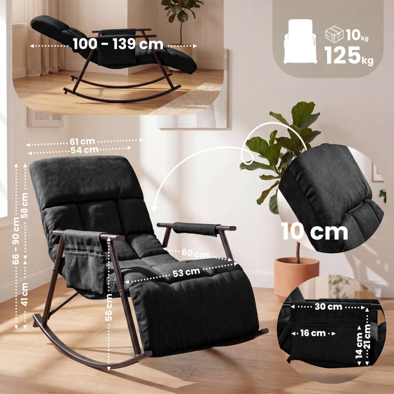 Fauteuil à bascule Elara, en tissu gris foncé