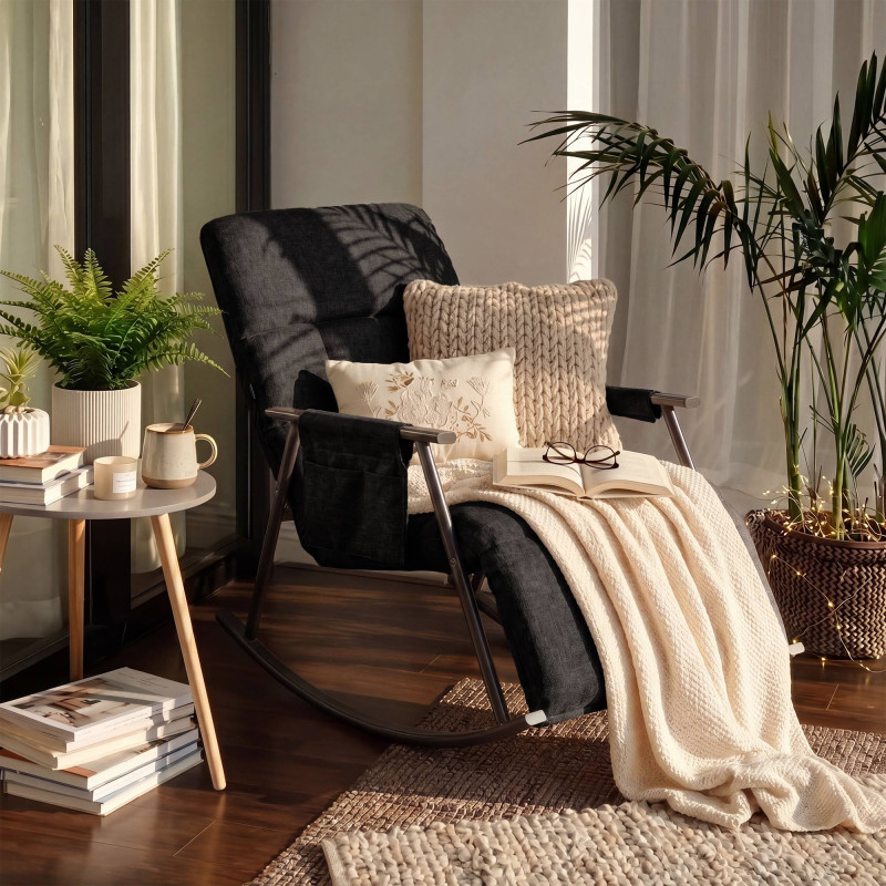 Fauteuil à bascule Elara, en tissu gris foncé