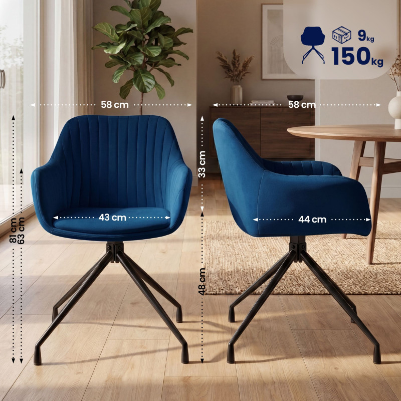Ensemble de 2 chaises de salle à manger Novanis en velours bleu foncé