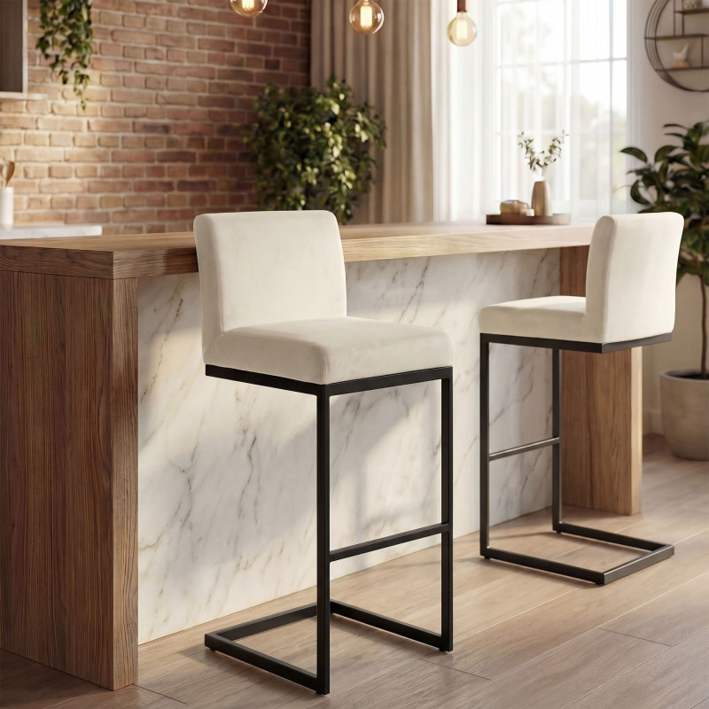 Insieme di 2 sgabelli da bar Hopewell in velluto, colore crema