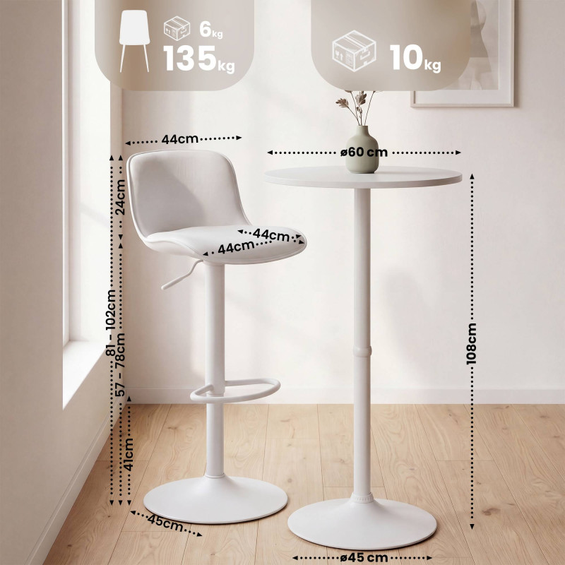 Ensemble table et chaises de bar 2 pièces, similicuir velours, blanc