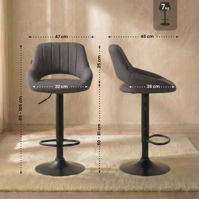 Tabouret de bar Milet, tissu noir gris foncé