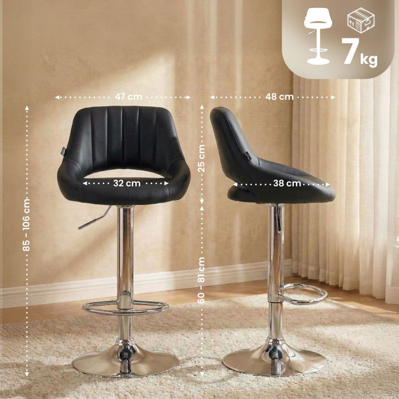 Taburete de bar Milet, piel sintética, cromado, negro