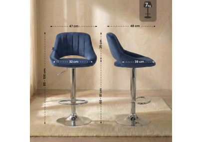 Tabouret de bar en velours Milet, chromé bleu