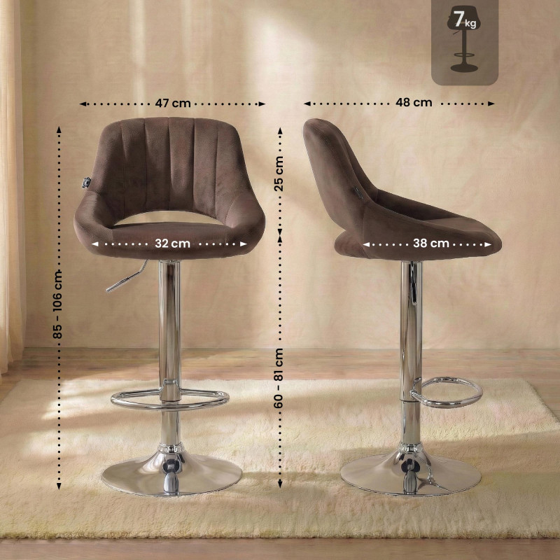 Tabouret de bar en velours Milet, chromé brun