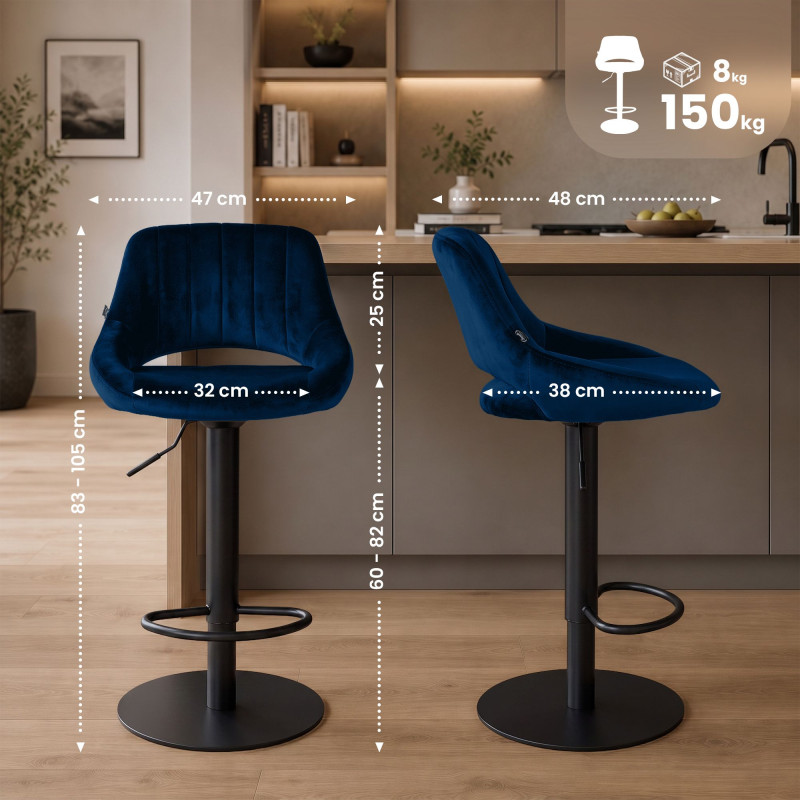Ensemble de 2 tabourets de bar HD Milet B en velours bleu