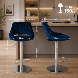 Ensemble de 2 tabourets de bar HD Milet C en velours bleu