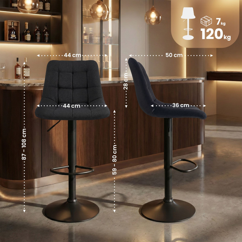 Tabouret de bar Mapun, tissu noir