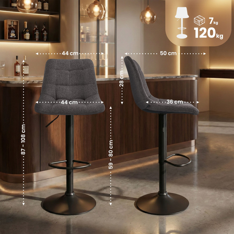 Tabouret de bar Mapun, tissu gris foncé
