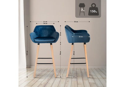 Tabouret de bar Grant en velours bleu