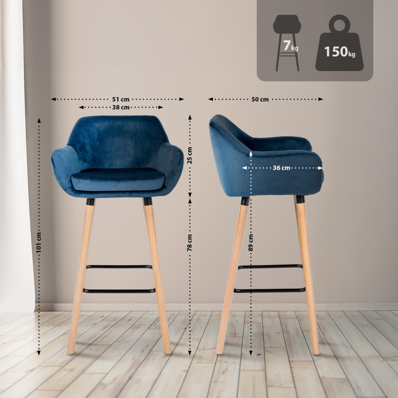 Ensemble de 2 tabourets de bar Grant en velours bleu