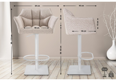 Ensemble de 2 tabourets de bar Damaso, tissu blanc et ivoire