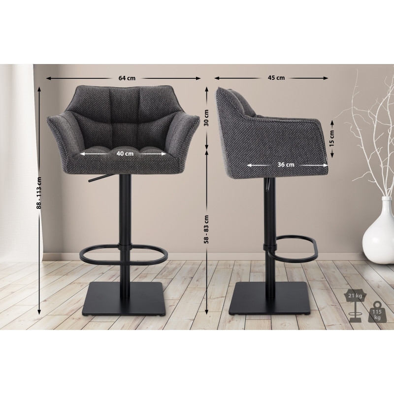 Ensemble de 2 tabourets de bar en tissu Damaso noir gris titane