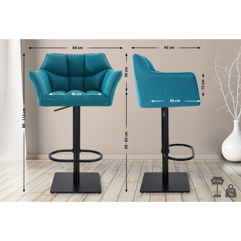 Ensemble de 2 tabourets de bar en tissu Damaso noir turquoise