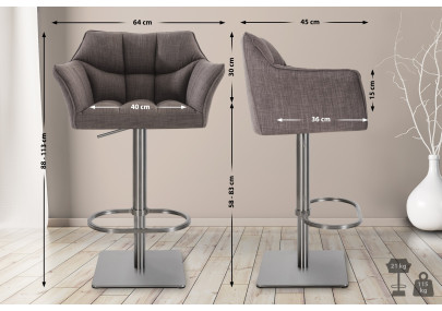 Ensemble de 2 tabourets de bar en tissu Damaso et acier inoxydable gris