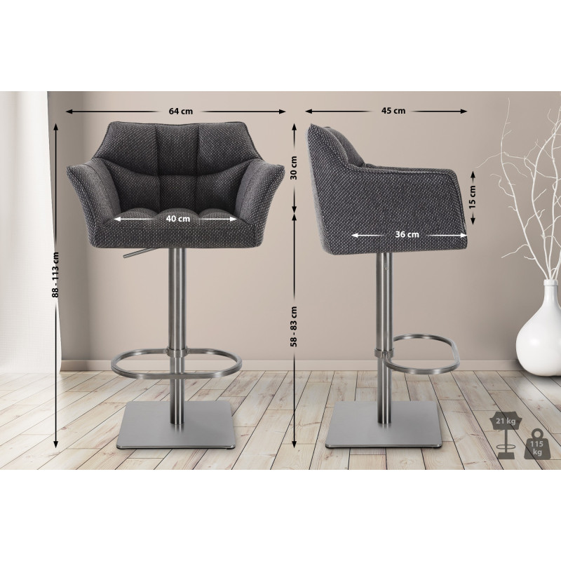 Ensemble de 2 tabourets de bar en tissu Damaso et acier inoxydable gris titane